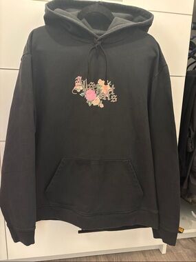 AllSaints Black Hoodie with Pink Floral Graphic sz L pit to pit 26 inches & 28 L